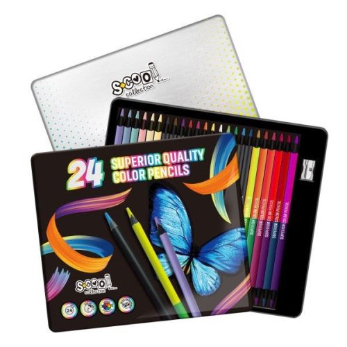 Szinesceruza készlet 24/48 fémdobozos fekete fás SCOOL SC2493
