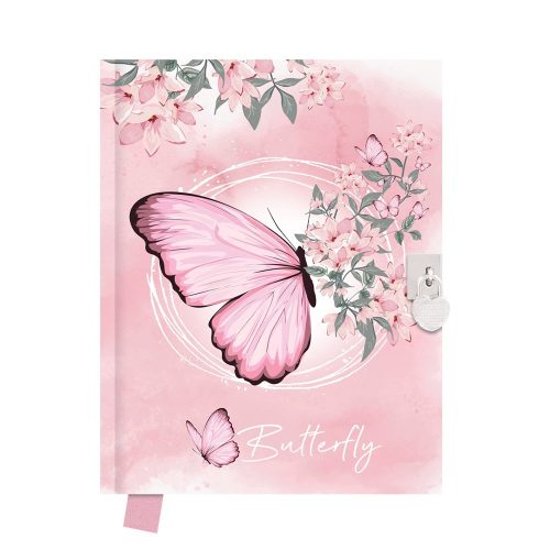 Emlékkönyv lakattal TREND 14x18cm 80lapos sima Pink Butterfly DBL36-2508