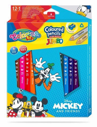 Színesceruzakészlet Colorino Disney Mickey and Friends Jumbo Trio 12+1 hegyezővel